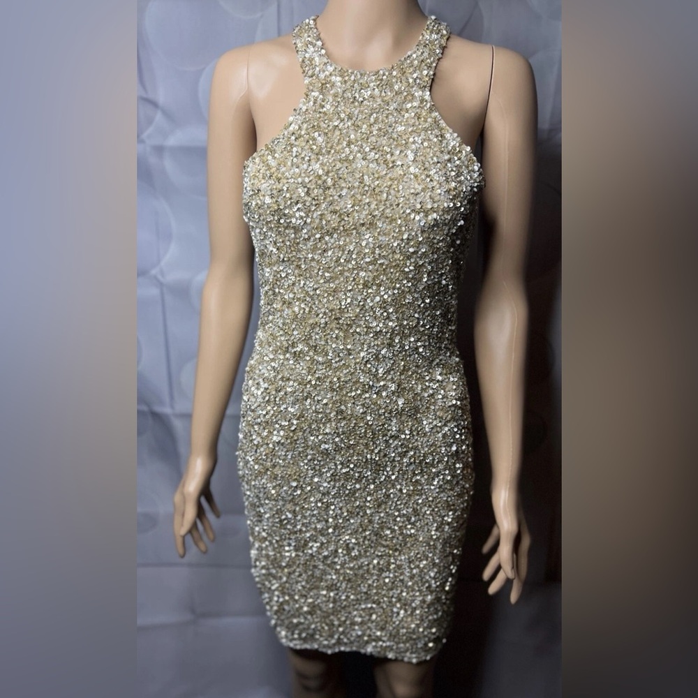 Parker Dress Women’s Size S Mariah Gold Racer Back Beaded Sequin Mini